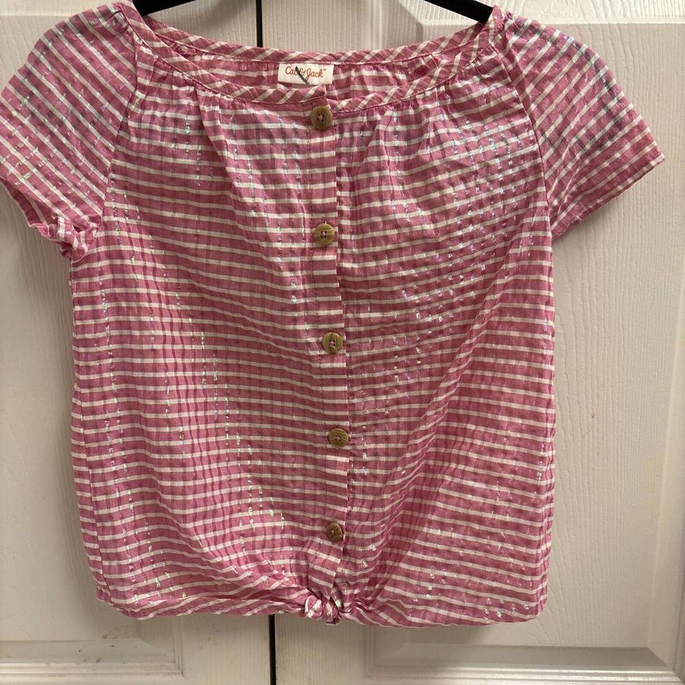 Cat & Jack Pink Striped Iridescent Button Down Top - Girl's Medium (7/8). Casual - Picture 1 of 5